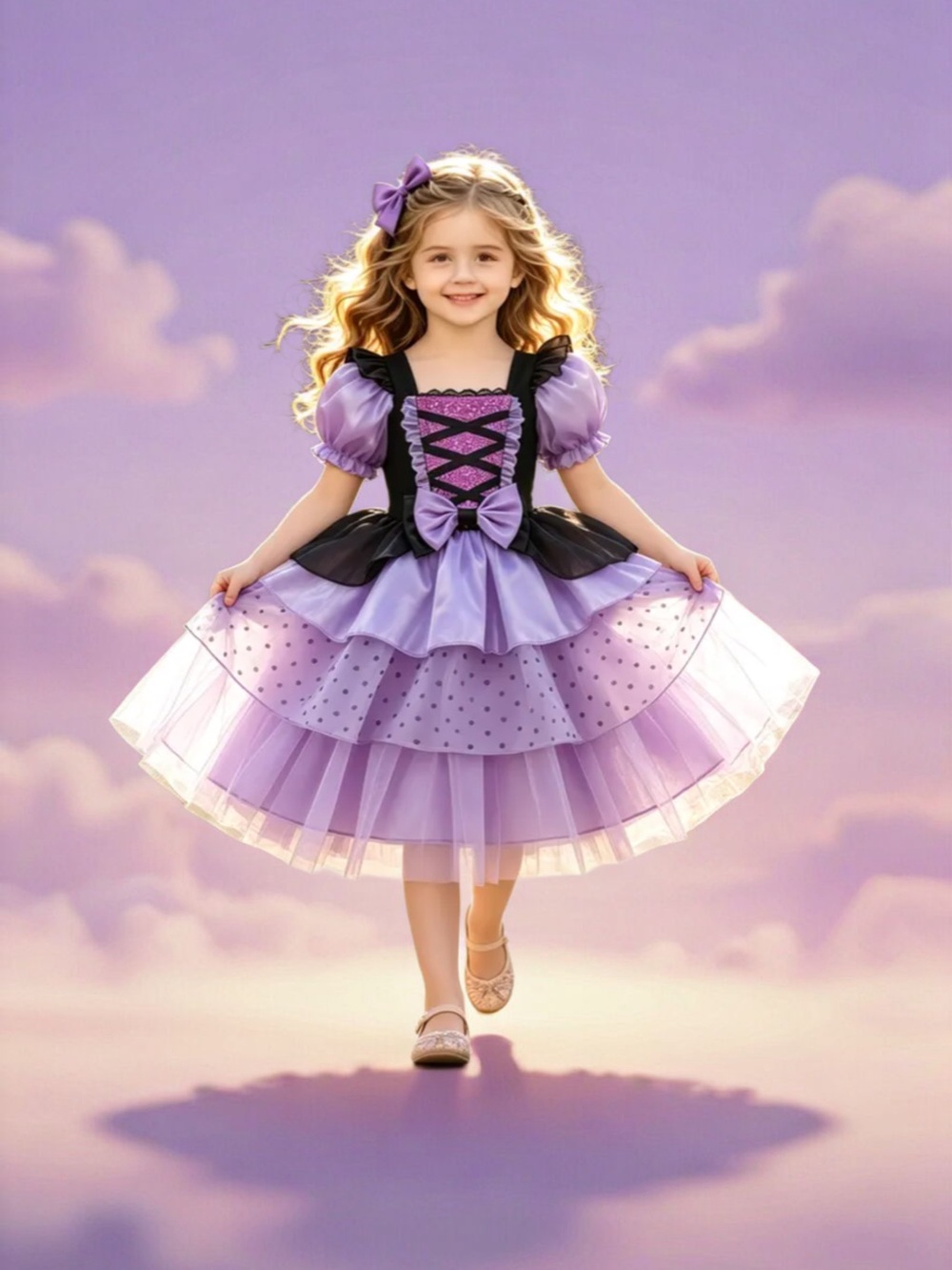 Purple Layered Tulle Kids Costume Dress with Bow